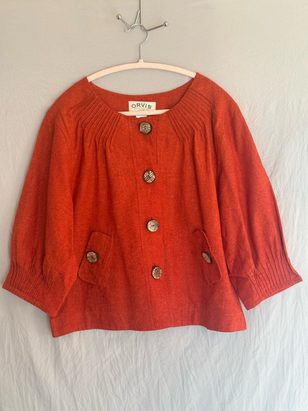 Orvis Women's Rust Orange Linen Rayon Blend Button ScoopNeck  LightweightJacket